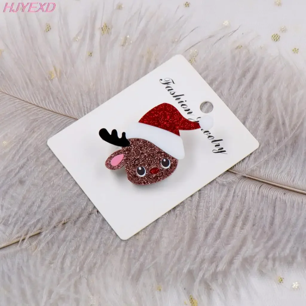 Chirstmas Reindeer With Santa Cap Glitter Acrylic Brooch Safety Pin