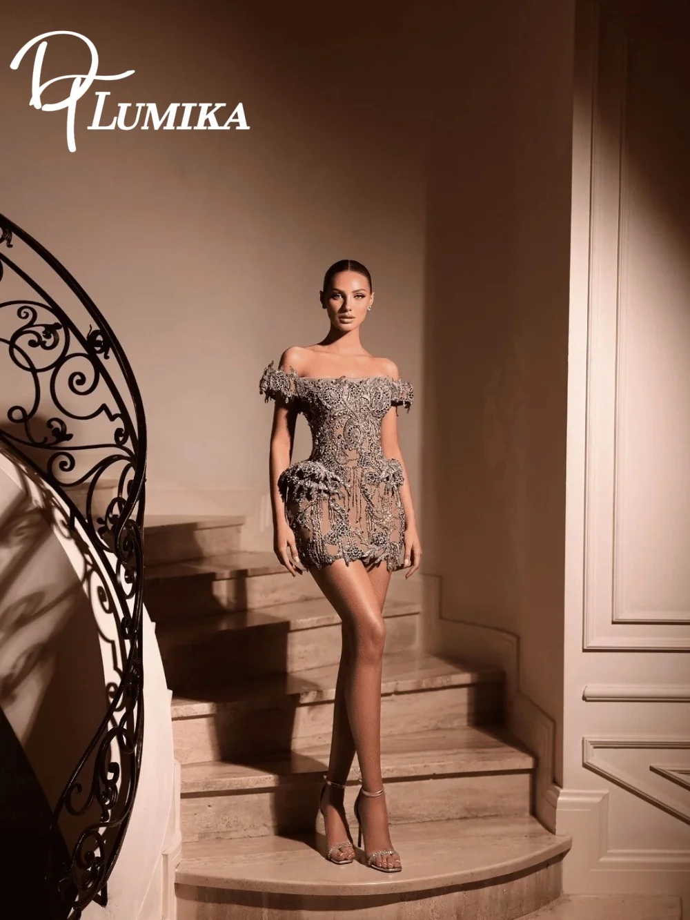 

Ethereal 3D Floral Beaded Off The Shoulder Mini Dress Enchanting Sheer Corset Waist Ruffle Trim Cocktail Party Gown فساتين سهرة