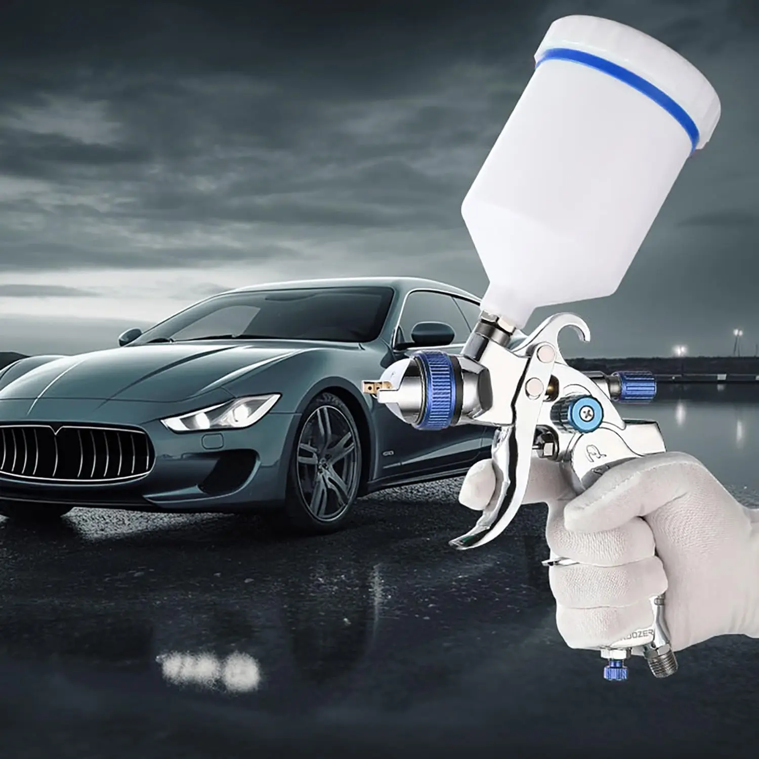 Pistola pulverizadora por gravedad HVLP de 600 cc con boquillas de 1,3 mm/1,4 mm, incluye calibre para pintura, imprimación y abrigos de calidad (azul)