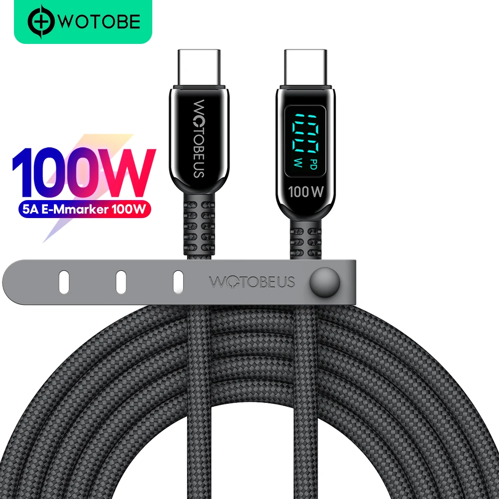 WOTOBEUS USB C to USB C Cable 100W,LED Display Type-C 5A E-Marker PPS Fast Charging Nylon Braided Cord for iPhone 15 Galaxy S23