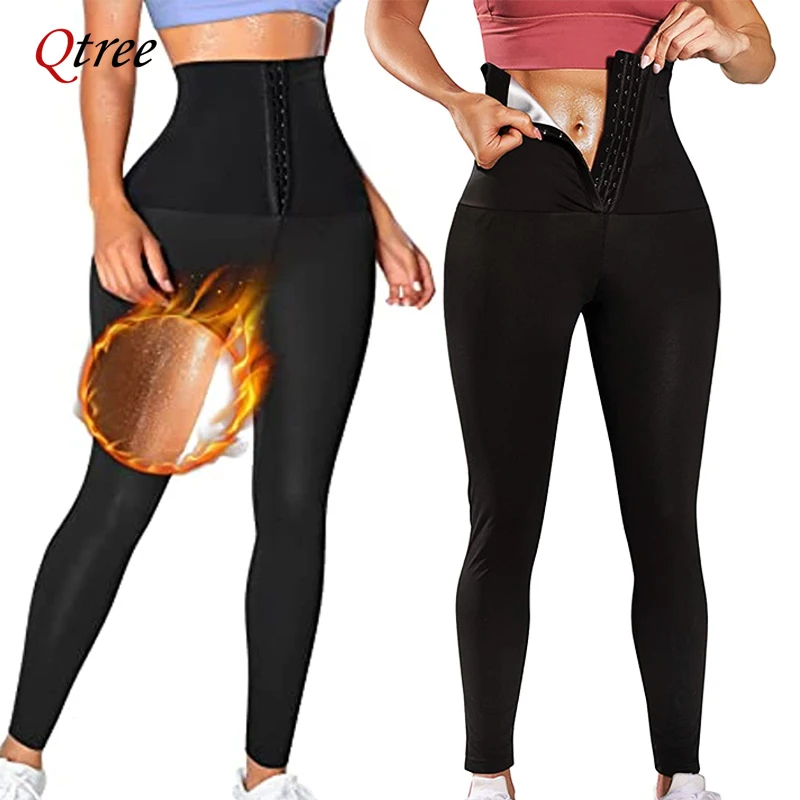 Qtree Sauna Body Shaper Pants Women Hot Thermo Sweat Slimming Shorts Fitness Hooks Workout Gym Leggings Waist Trainer Shapewear