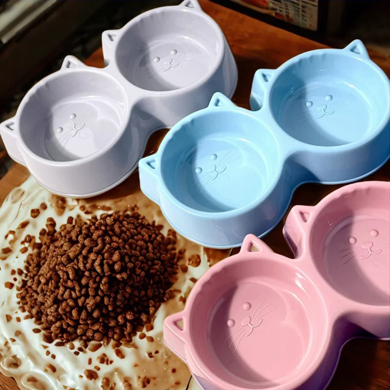 

2 in1 food water pet cat bowl plastic feeder not easy to overturn for kitten short legs Neck Protection Feeding Kitten Supplies