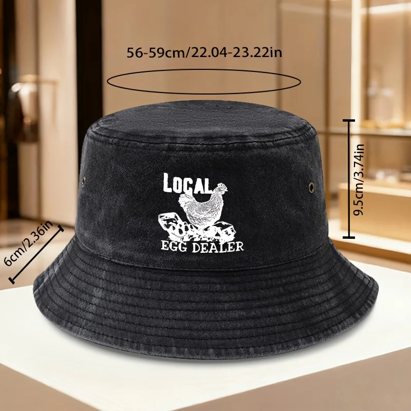 Men' LOCAL EGG DEALER Vintage Washed Bucket Hat - Eggshell Print & Hen Silhouette, Distressed Retro Suitable for Outdoor, Fishin