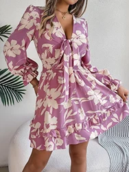 Spring Summer Elegant Flower Print Dress Tie Bow V Neck Long Sleeve Mini Dresses for 2026 Valentine's Day Woman Clothing Pink