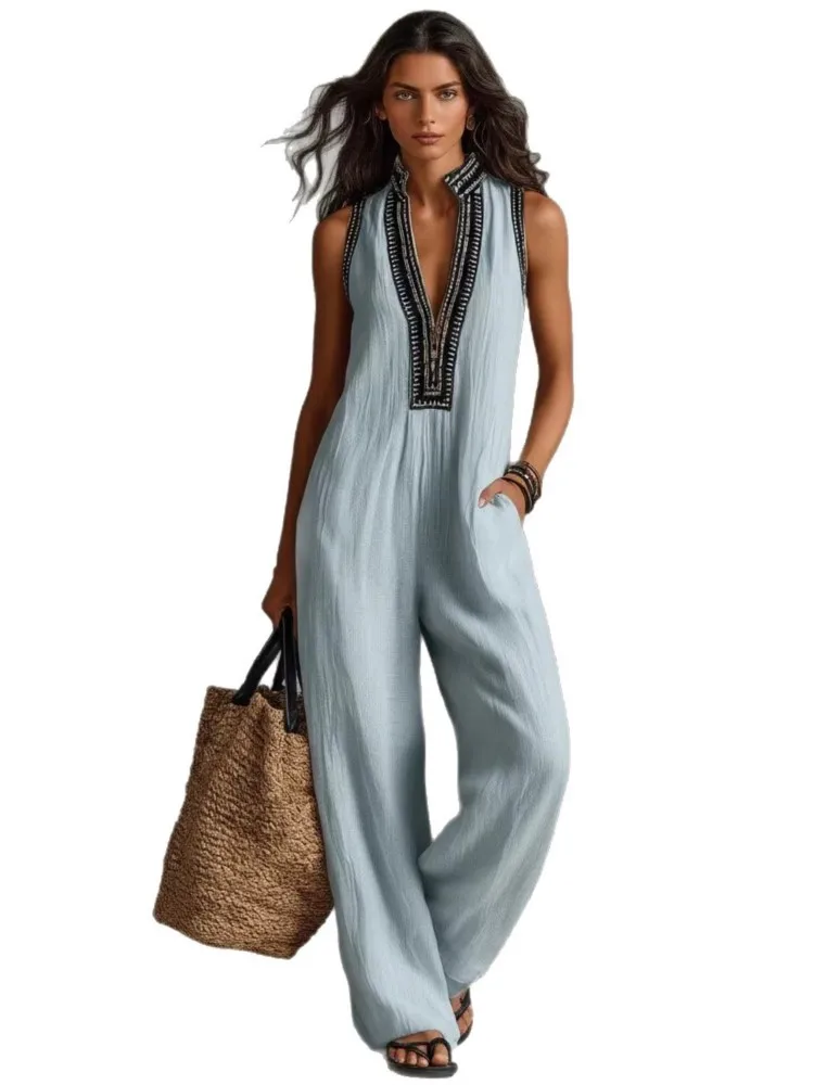 Nouvelle combinaison sans manches pour femme, mode estivale, col montant, coupe ample, avec poches, pantalon large, idéale pour les fêtes et les vacances
