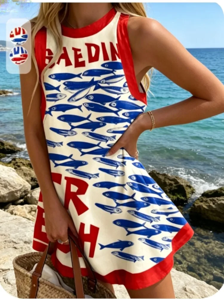 Sommer Neues Bedrucktes Kleid Damenmode Elegant Lässig O-Ausschnitt Ärmellos Urlaub Strand Party Hemdkleider für Frauen Robe Femme