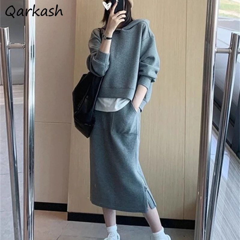 Sets Women Sporty Loose Pure Leisure Autumn Ulzzang Vintage Simple Hoodies Side-zip Designed Chic Midi Skirts Harajuku All-match