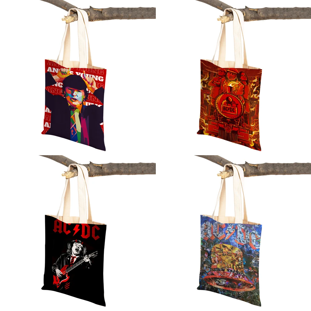 Canvas Women Shopper Bag AC DC Band Art Lady Shopping Bags Classic Rock Team Reusable Foldable Eco Cartoon Travel Tote Handbag