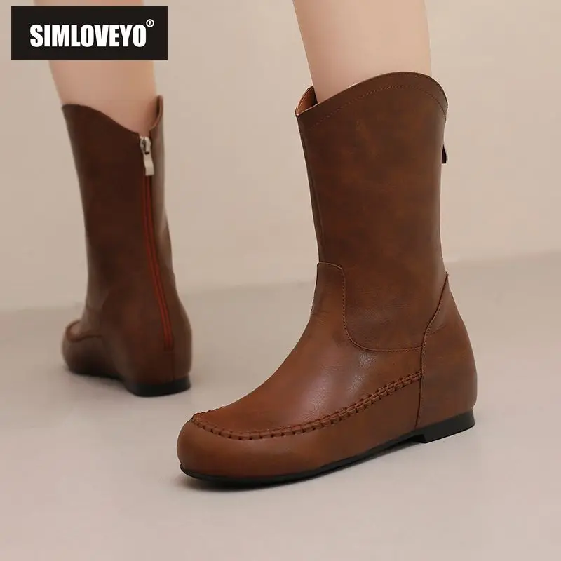 

SIMLOVEYO Brand Soft Mid Calf Boots Women Round Toe Zipper 3.5cm Increased Heel Non Slip Casual Bota Oversize 43 44 45 Autumn