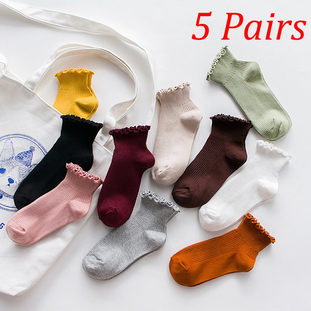 5 Pairs Women Short Ruffle Socks Girls Ankle Socks Solid Candy Color Casual Thin Breathable Japanese Style Fashion Cotton Socks