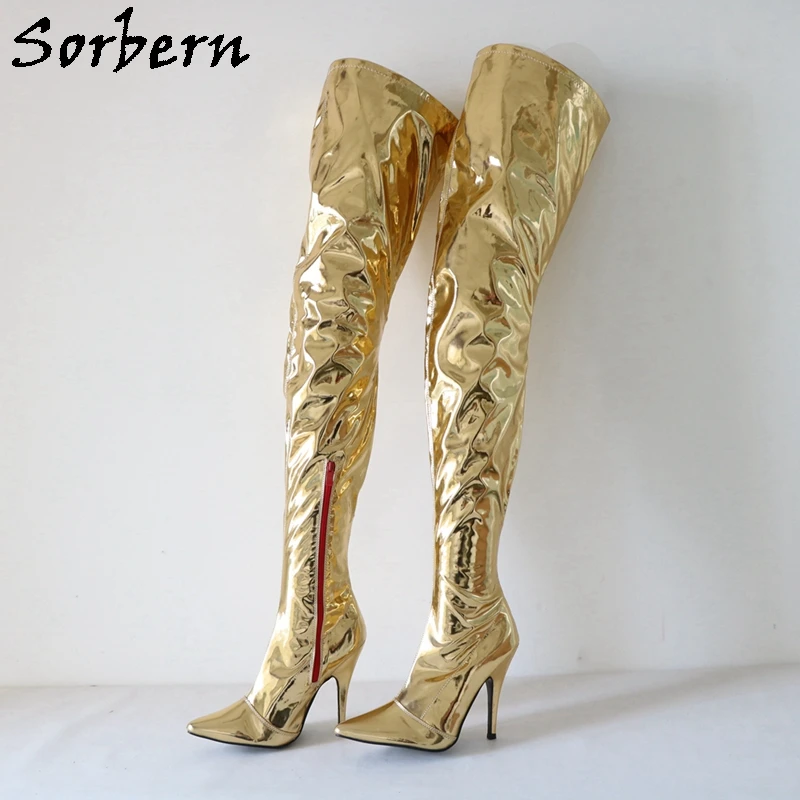 

Sorbern Custom Metallic Gold Boots Women 12Cm Stilettos 73-82Cm Crotch Thigh High Pointy Toe Fetish Slim Or Wide Legs Drag Queen