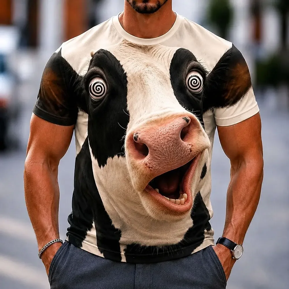Men's Funny Cow 3D Big Face Print T‑Shirt Realistic & Cartoon Dairy Humor Graphic Crew Neck Short Sleeve Tee Fit Casual Daily