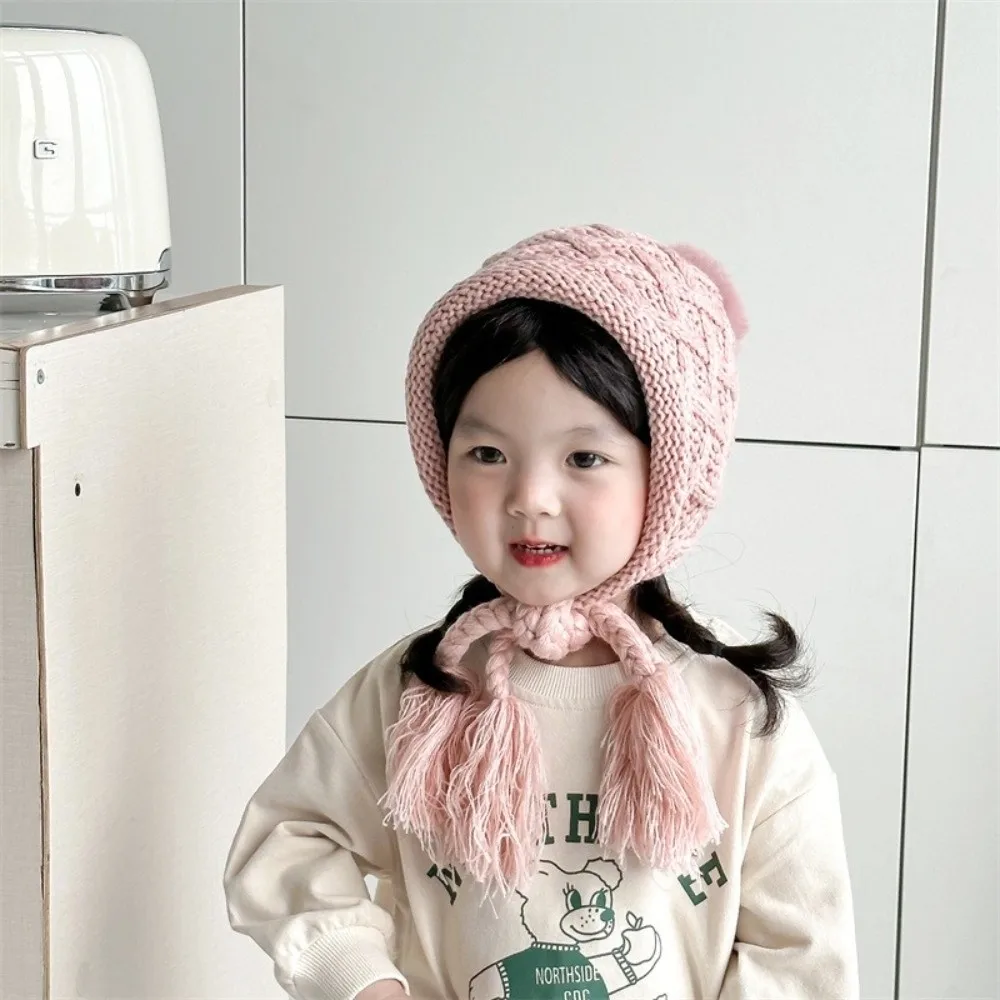 

Korean Autumn Winter Baby Crochet Hat Pom-pom Tassel Pigtail Hand Knitted Cap Outdoor Soft Warm Ear Protection Cap Boys Girls
