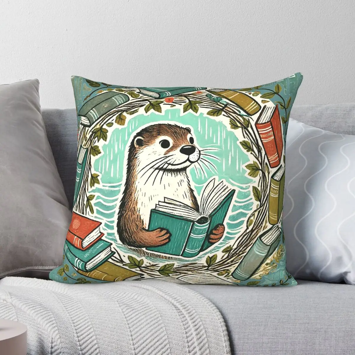 Reading Otter Dive Into Books Square Pillowcase Polyester Linen Velvet Creative Decor Throw Pillow Case Sofa Cushion Cover 18