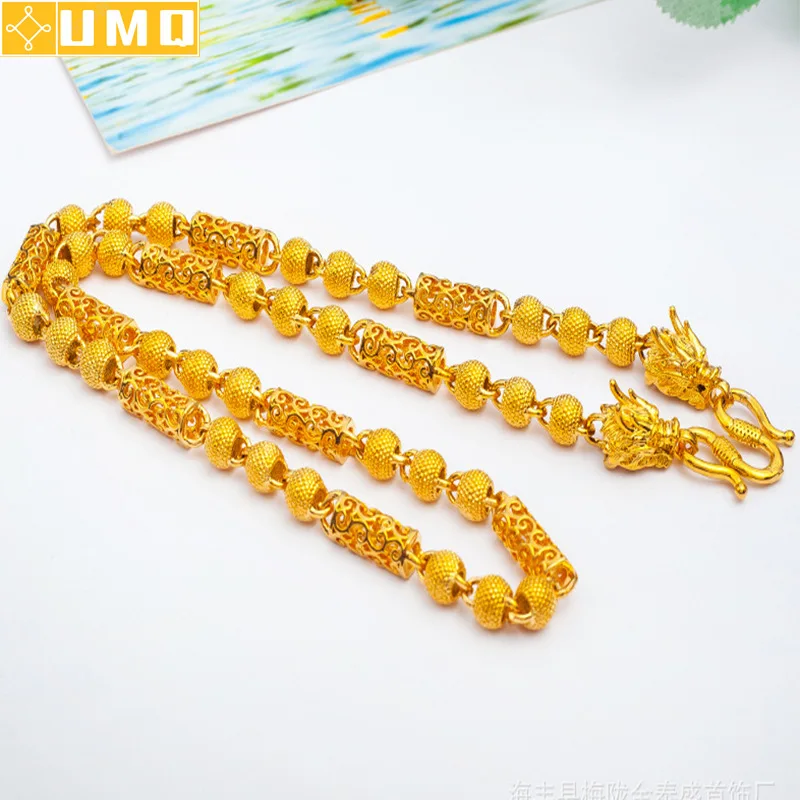 

New Necklace for Men Yellow Gold Color Geometric Bamboo Beads Chain Necklace Collar Solid Buddha Birthday Gifts Fine Jewelry