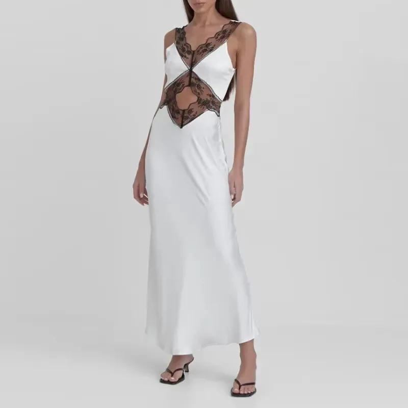 V Neck Patchwork Fashion Print High Waist Party Dress Female Long Dress Elegant Lace Backless Hollow Maxi Dress For Women