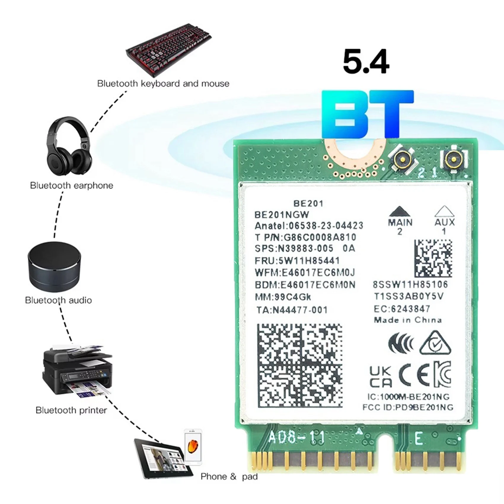 M13K-BE201 8774Mbps Tri-Band WIFI7 Card Wifi 7 Wireless M. 2 Module Bluetooth5.4 Cnvio3 AX211 For Win10/11 64-Bit