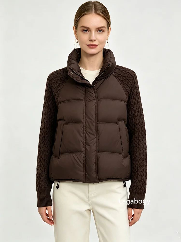Lagabogy 2026 New Winter Turtleneck White Duck Down Jacket Women Patchwork Knitted Warm Drawstring Short Soft Puffer Coat Female