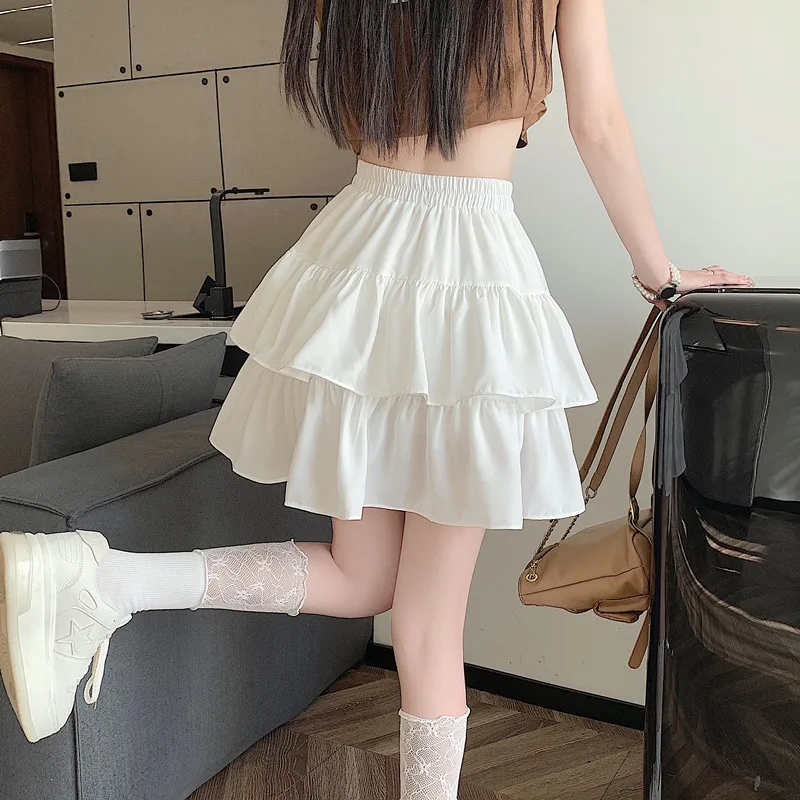 Pleated A-line Skirt Solid Women Ruffles Sweet Hottie Style Elastic Elastic Waist Slim Simple Casual Summer Women Short Skirt