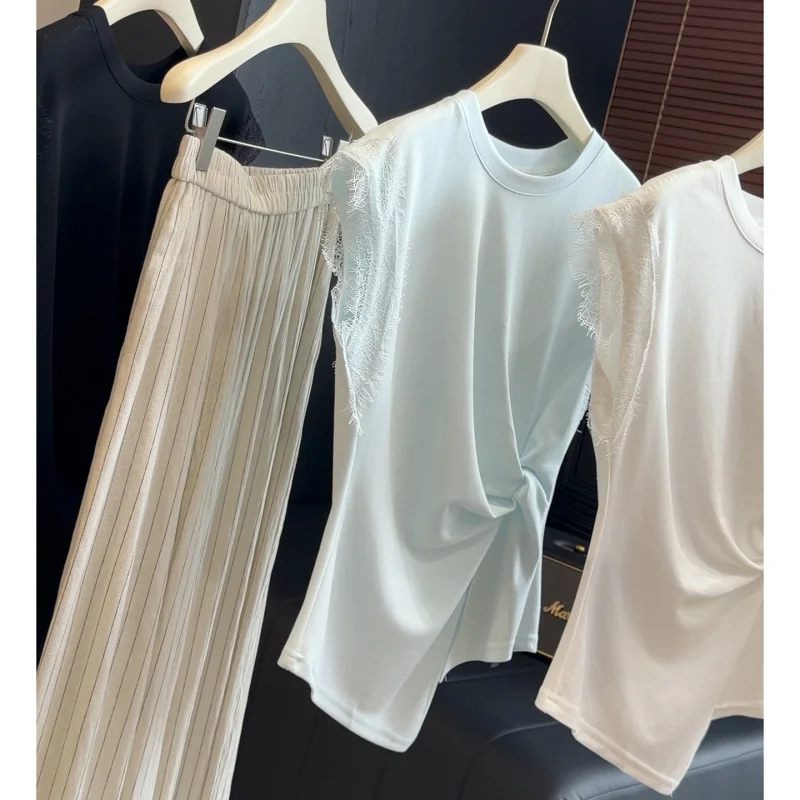 Sleeveless with lace trimtWomen's Summer T-shirt2026Irregular twisted waist-cinching design with small flutter sleeves top
