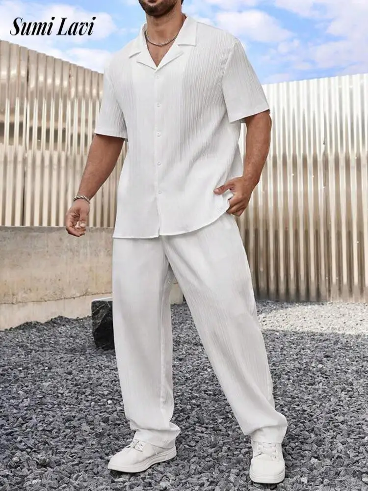 

New Summer Short Sleeve Two Pieces Suits Mens Fashion Solid Color Ribbed Shirts And Pants Men's Outfits Daily Casual Loose Sets