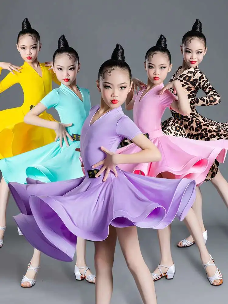 

Children's Latin dance costume,girls' dance costume,children's practice costume girls' short sleeved one-piece Latin dance