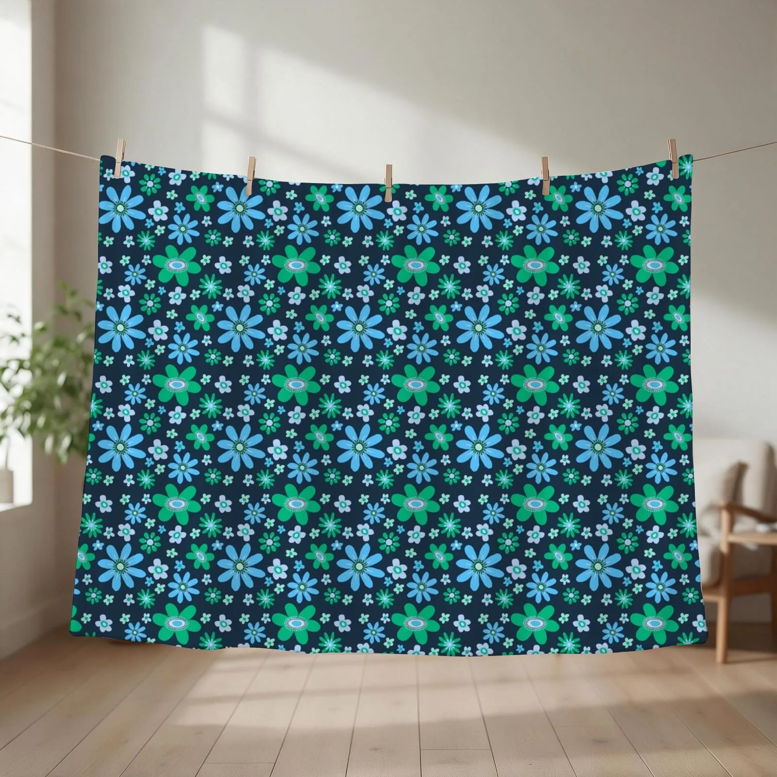 Blue and green flowers Throw Blanket decorative Hairy Decorative Sofa Hairys Blankets