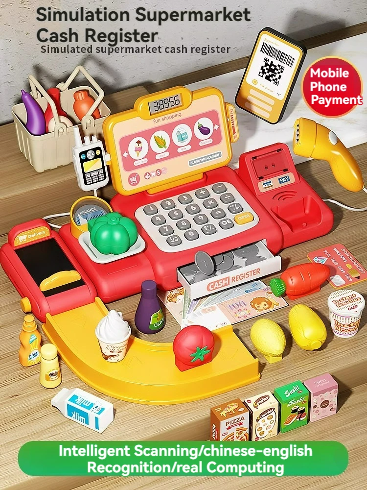 Toy Cash Register com Scanner para Crianças, Finja Jogar, Dinheiro e Calculadora, Presente para Meninas e Meninos, Play Set, 63PCs