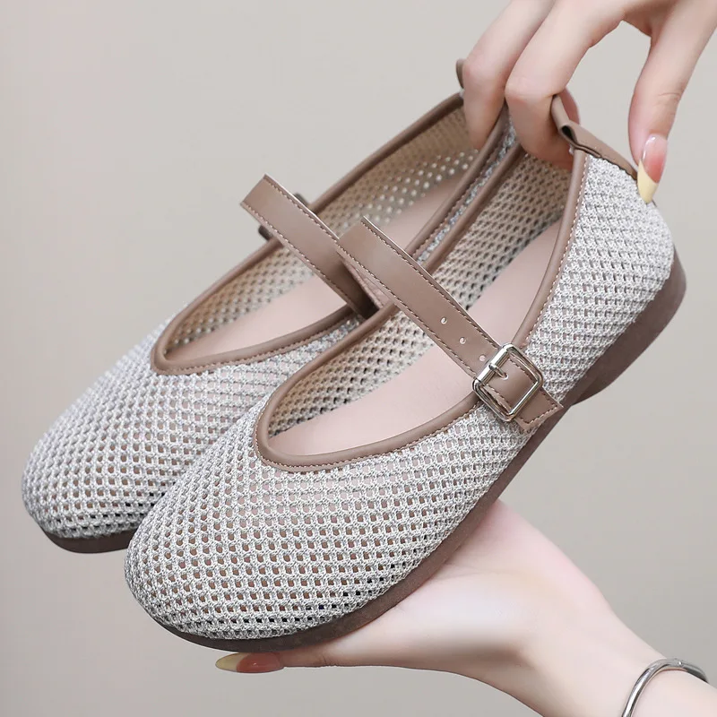

2026 New Women's Breathable Mesh Mary Jane Flats Hollow Out Square Toe Non Slip Casual Summer Walking Shoes ﻿
