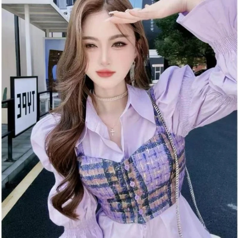 Spring Women 2024 New Women's Plaid Waistcoat This Year's Popular Fashion Explosion Bubble Sleeve Shirt Two-piece Trend Tops