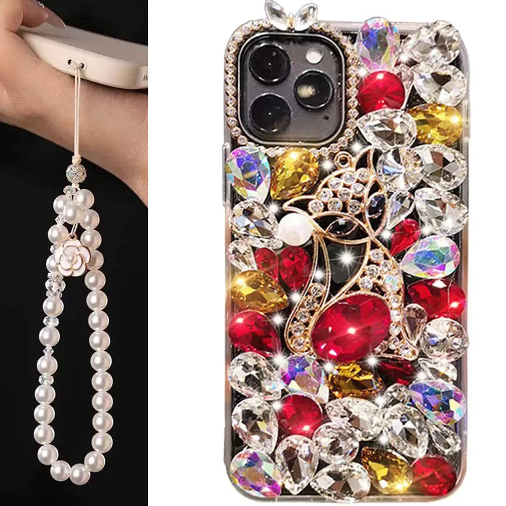 

Luxury Sparkling Diamond Case For iPhone 15 14 13 12 11 16 Pro Max X XS XR 7 8 Plus Glitter Fox Back Cover with Pearl Lanyard