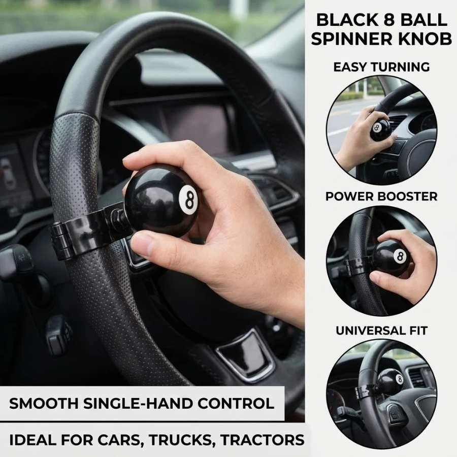 Black 8 Ball Steering Wheel Spinner Knob Universal Car Truck Tractor Power Booster Grip Turning Handle Accessory