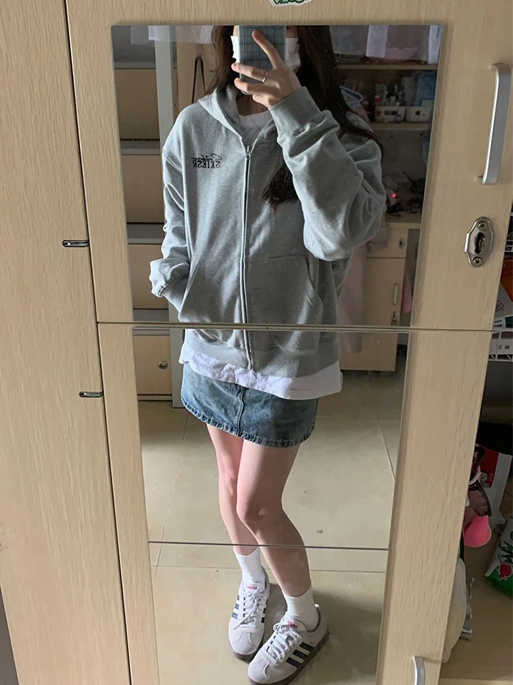 미국식 후드 지퍼 스웨트셔츠 여성용 봄 가을 겨울 루즈 디자인 아우터웨어 패션 레트로 스타일 긴 소매