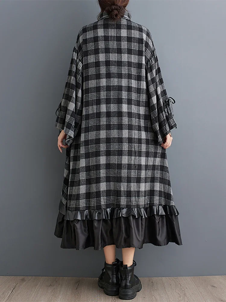 XITAO-Robe à carreaux à manches évasées, robe à simple boutonnage, col rabattu, patchwork, chemise à la mode, automne 2024, LJ1010