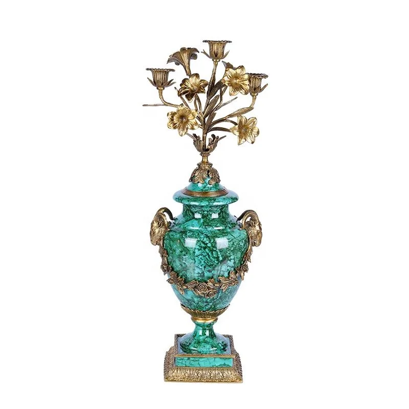 3 Head Peacock Green Candlestick Ornament Porcelain Ginger Jar Luxury Brass Flower Candle Holder for Home Decoration Accessories