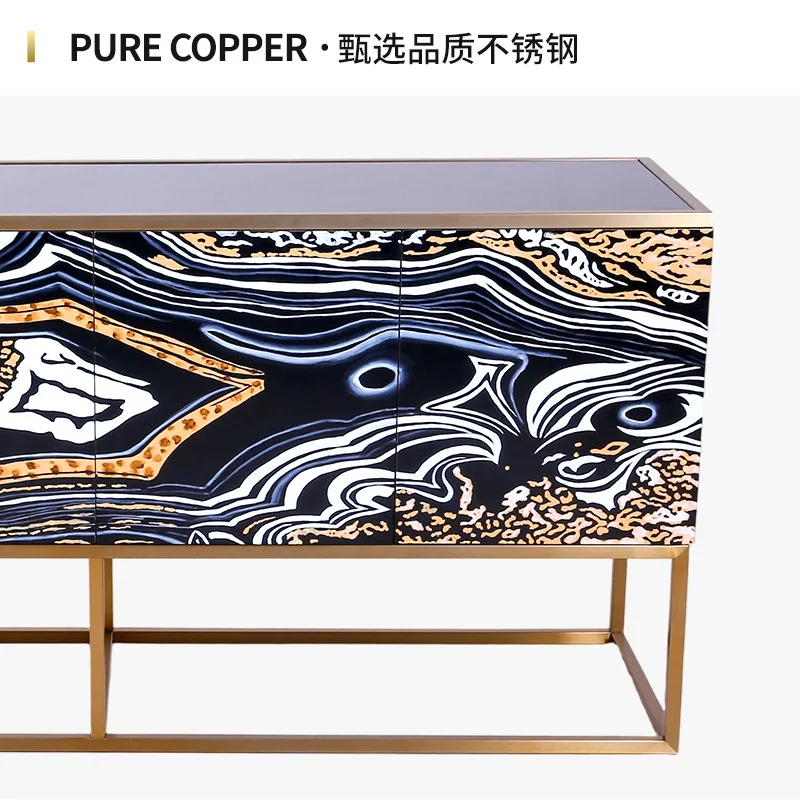 All-copper household European-style living room side cabinet dining room high-end villa hotel square rectangular side cabinet