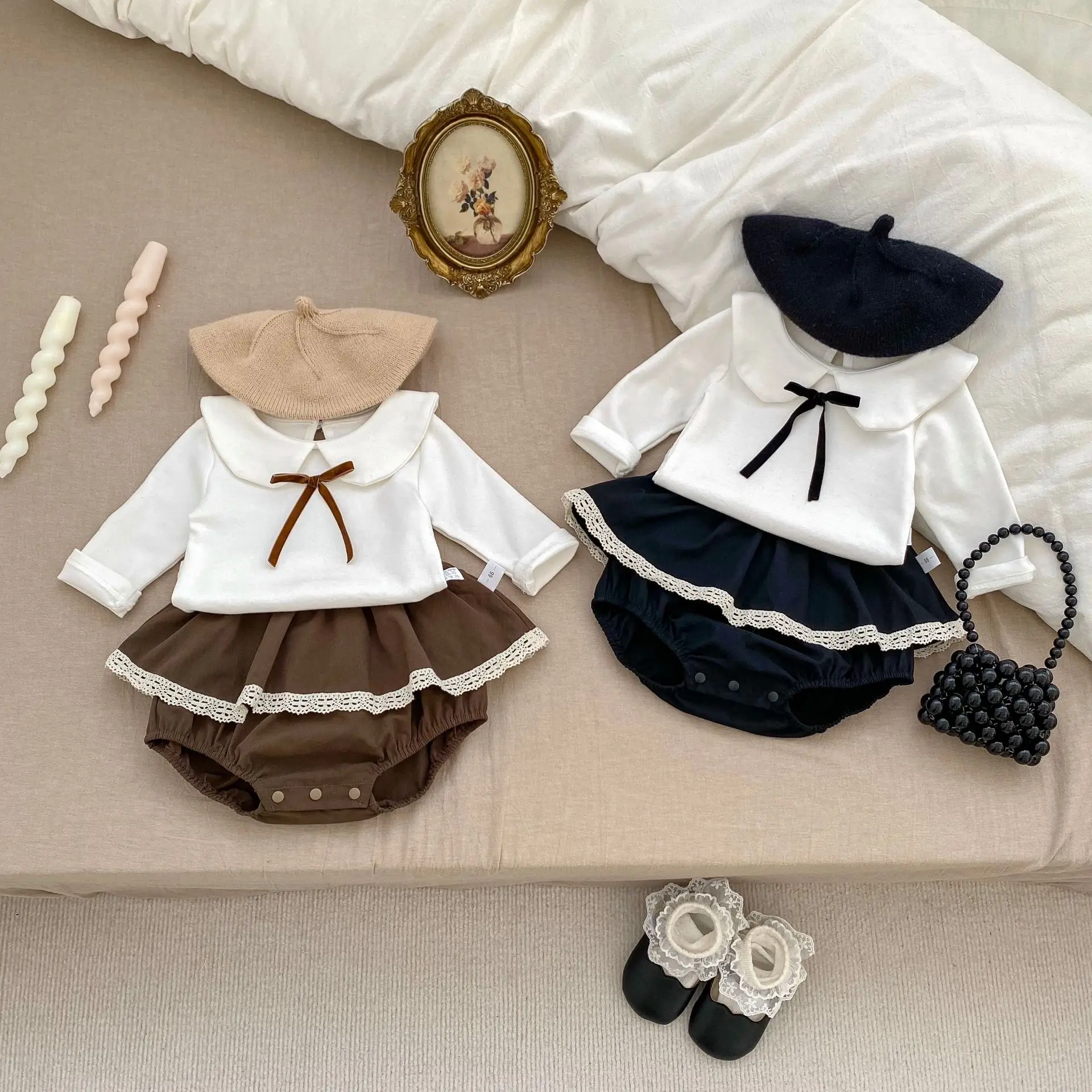 

MILANCEL New Autumn Baby Clothes Set 0-3Y Girls Bow Peter Pan Collar Long-sleeved Base Shirt Top + Bloomer Lace Skirt 2Pcs Suit