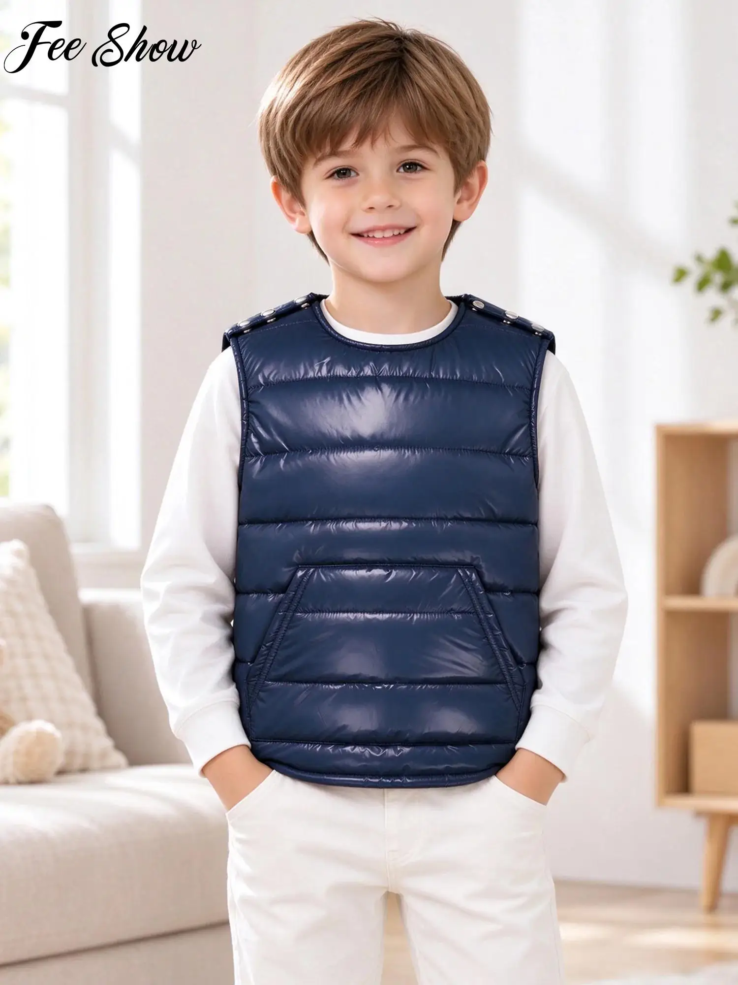 Kid Boys Girls Glossy Padded Press Buttoned Vest Waistcoat Lightweight Water-resistant Packable Tank Top for Outdoor Activities
