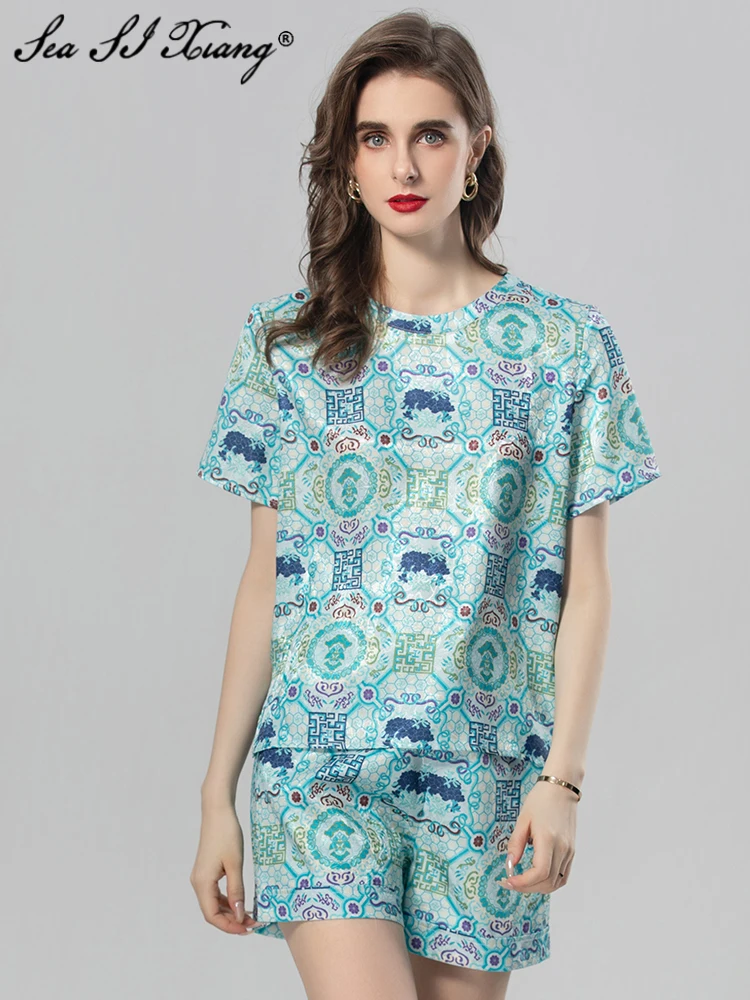 

Seasixiang Fashion Designer Summer Indie Folk Print Suit Women's O-Neck Short Sleeve T-Shirt + Shorts 2-Piece Set
