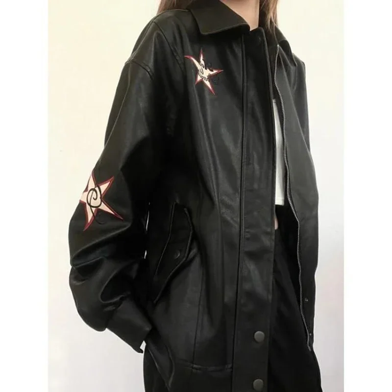 MEXZT Streetwear Pu Leather Jackets Women Oversized Embroidery Coat Harajuku Vintage Turn Down Collar Loose Casual Outwear Tops