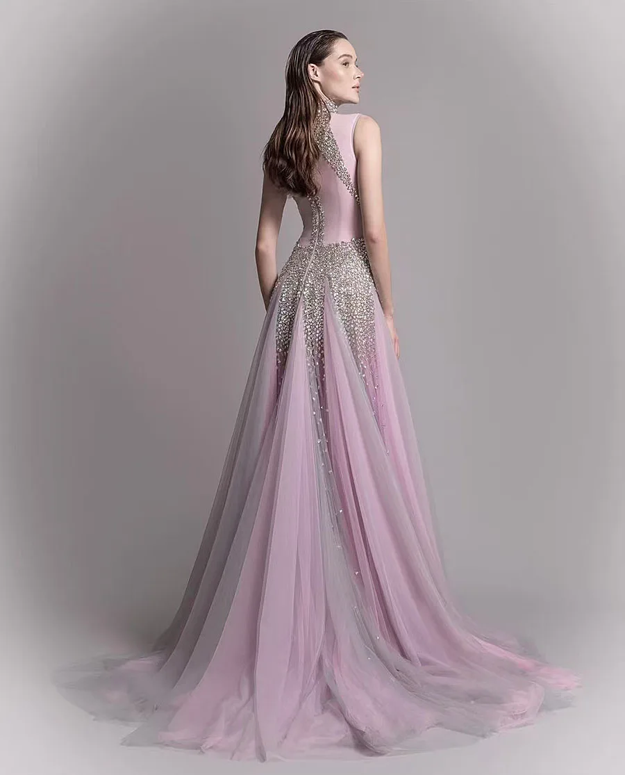 2025 Pink Luxury Evening Dress Sequins Women's High Neck Tulle Maxi Dress Prom Gown Formal Occasion Dresses Custom