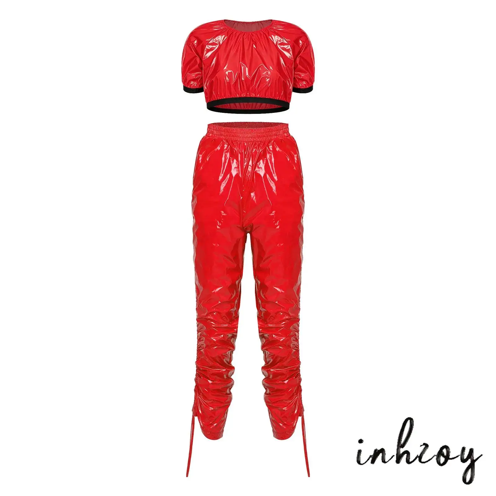 Women Waterproof Glossy Outfit Short Sleeve Crop Top+Elastic Waistband Drawstrings at Leg Sides Capri Pants for Workout Party