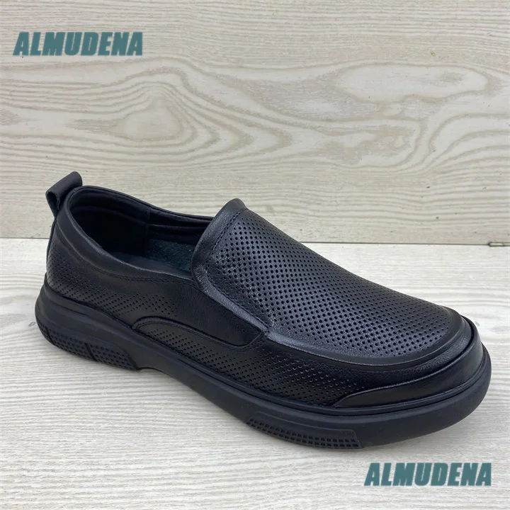 Men's Perforated Black Leather Slip On Loafers Breathable Hollow Out Casual Shoes Thick Sole Lightweight Shoe Autumn Men's Shoes