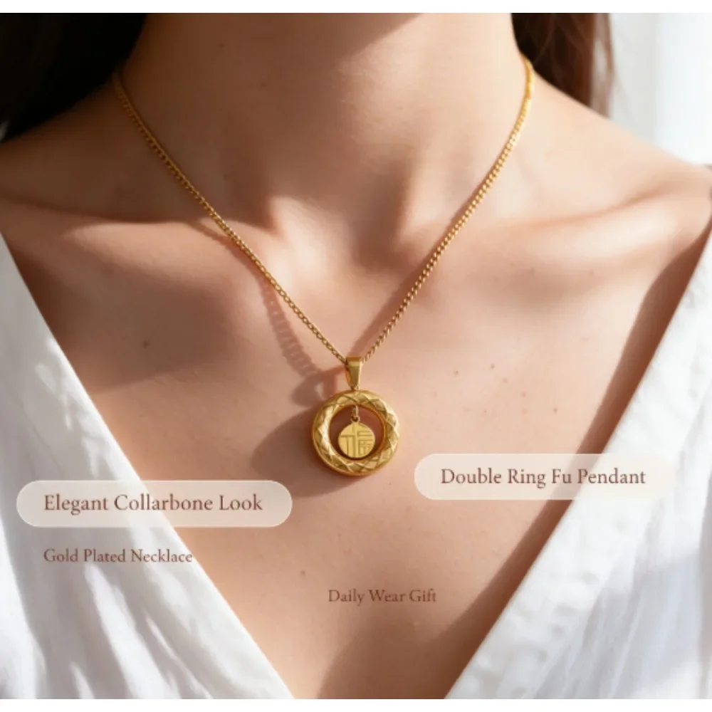 A Chinese Fu Character Lucky Rich Ring Necklace, Stainless Steel Hypoallergenic Colorfast Light Luxury for Daily Dates Parties