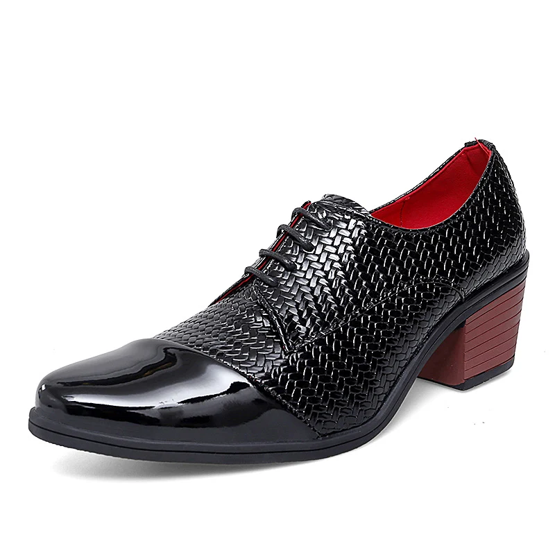 

Men's High Heel Shoes Patent Leather Lace Up Height Increasing Shoes Designer Pointed Toe Casual Heighten Oxfords Male