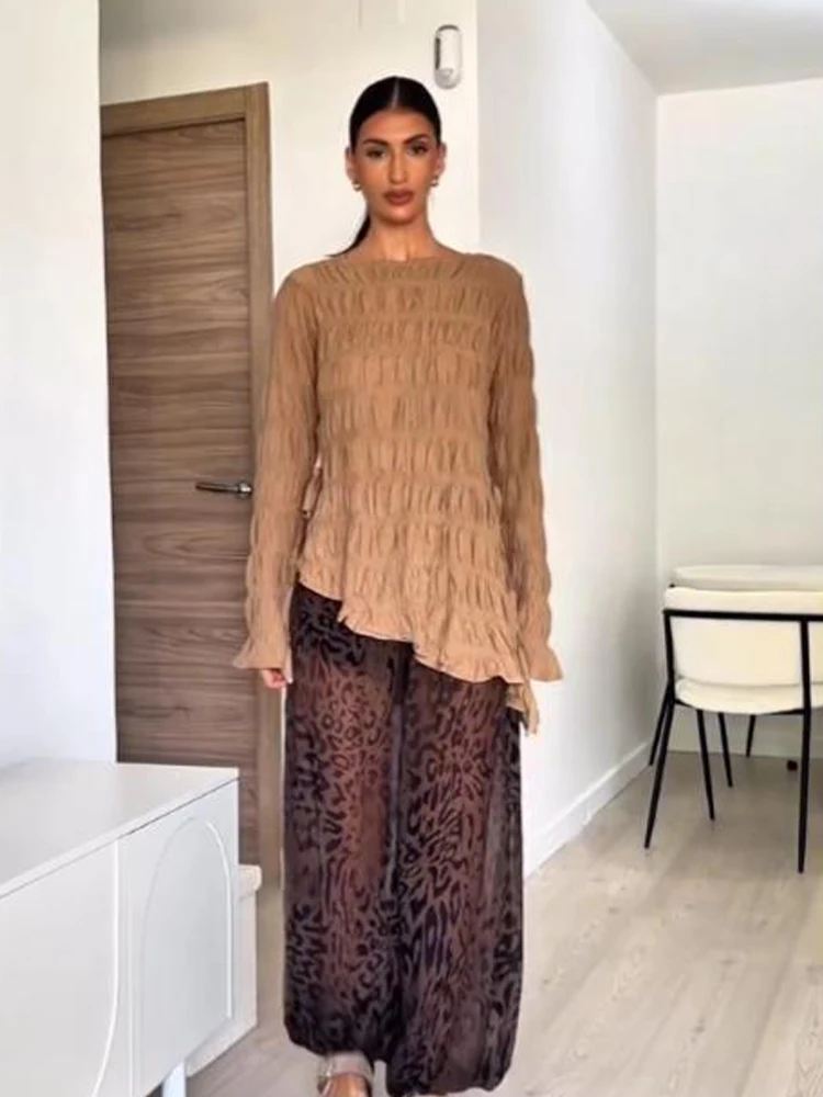 

TRAFZA Women's Autumn Fashion Lace-up Round Neck Long Sleeve Knit Top Female Elegant Commuter Asymmetric Hem Pleated Casual Top