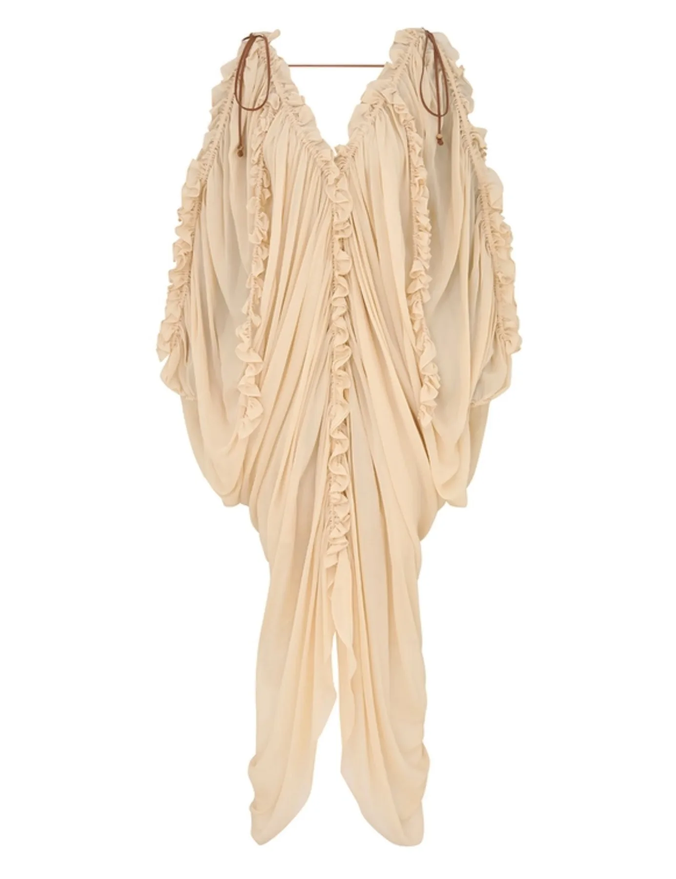 

Khaki Long Sleeve V Neck Off Shoulder Ruffles Frilled Irregular Midi Dress