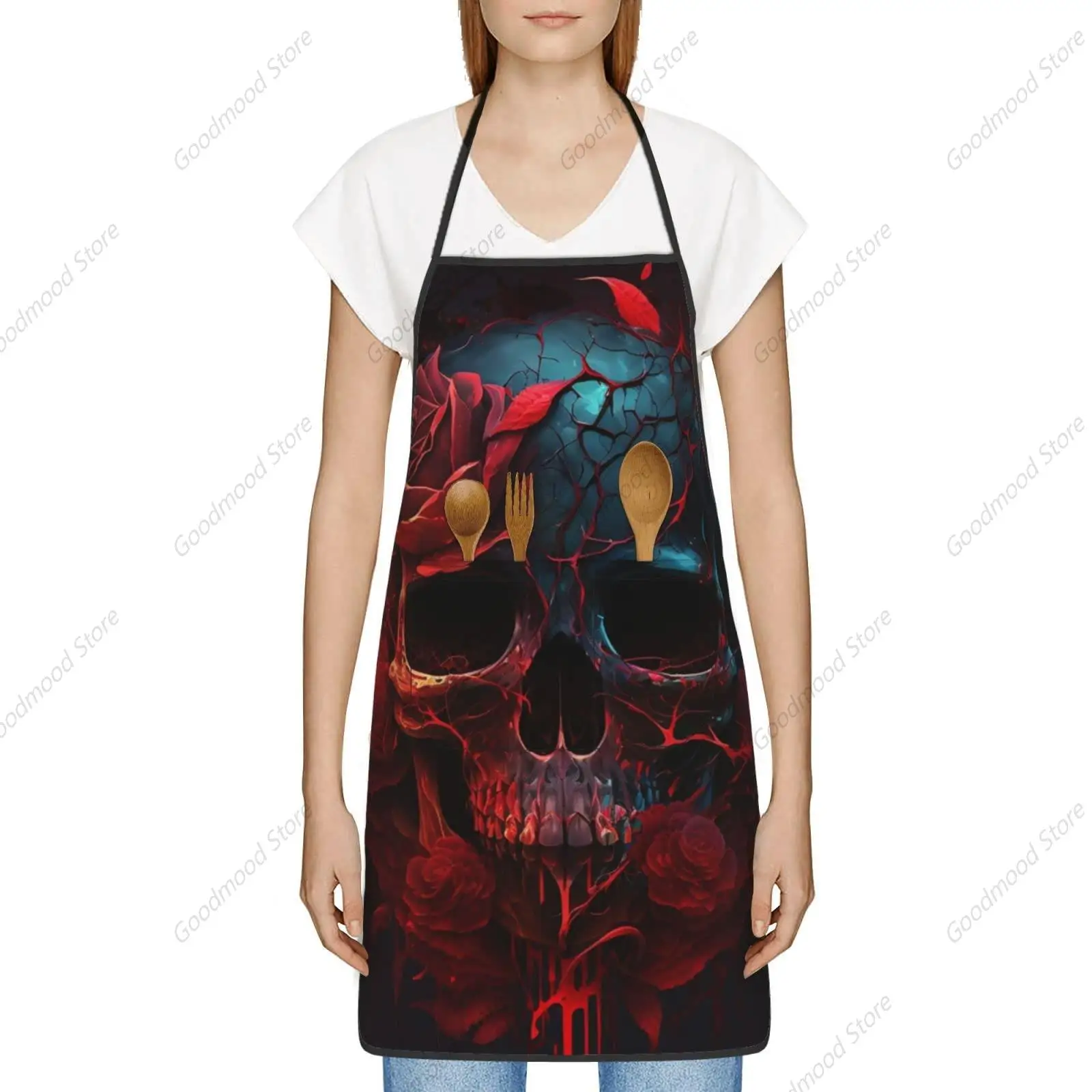 Cooking Apron with Pocket Waterproof Kitchen Bib Apron For Chef BBQ Baking Grill, blood rose skull art