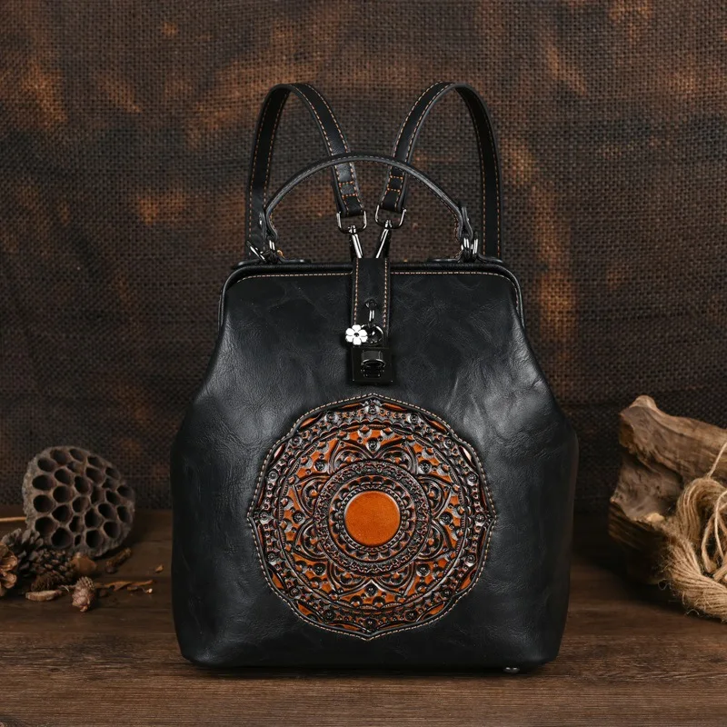 Vintage Women Leather Backpack Floral Double Shoulder Bag Functional Chiniese Style Ladies Handbag