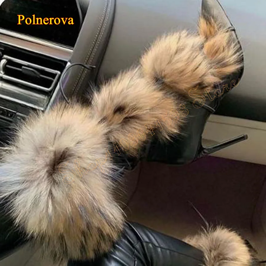 

Black Leather Furry Splicing Ankle Boots Thin High Heel Shoes For Women Lace Up Pointed Toe Boots Casual Stylish Women Boots